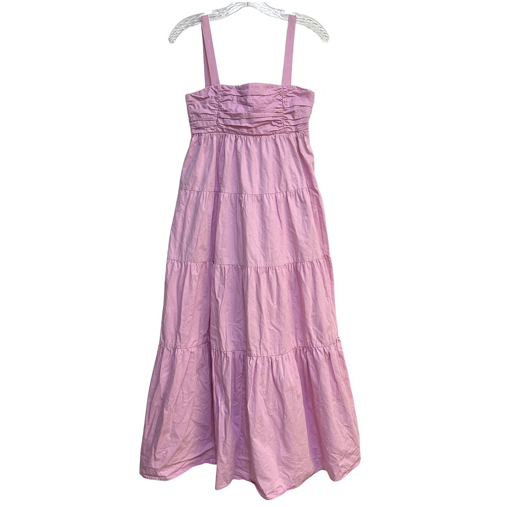 Zara Tiered Maxi Dress XS Pink Poplin Ruched Smocked Cottagecore Boho Summer